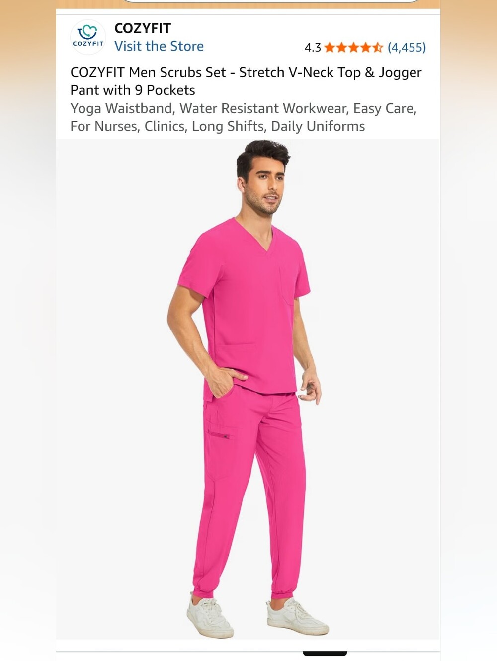 Mens V-Neck Scrub Top and Drawstring Pants - Hot Pink